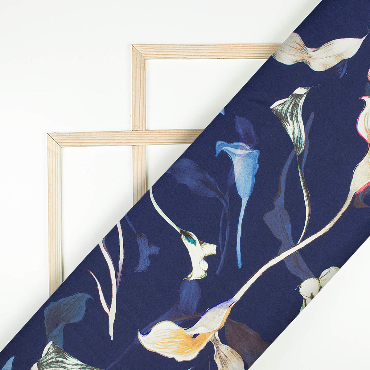 Prussian Blue And Green Leaf Pattern Digital Print Japan Satin Fabric