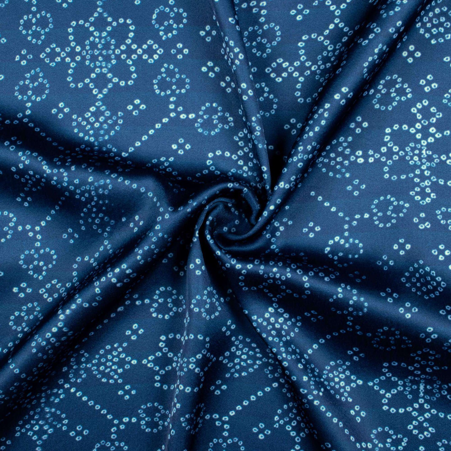 Prussian Blue Bandhani Pattern Digital Print Japan Satin Fabric - Fabcurate