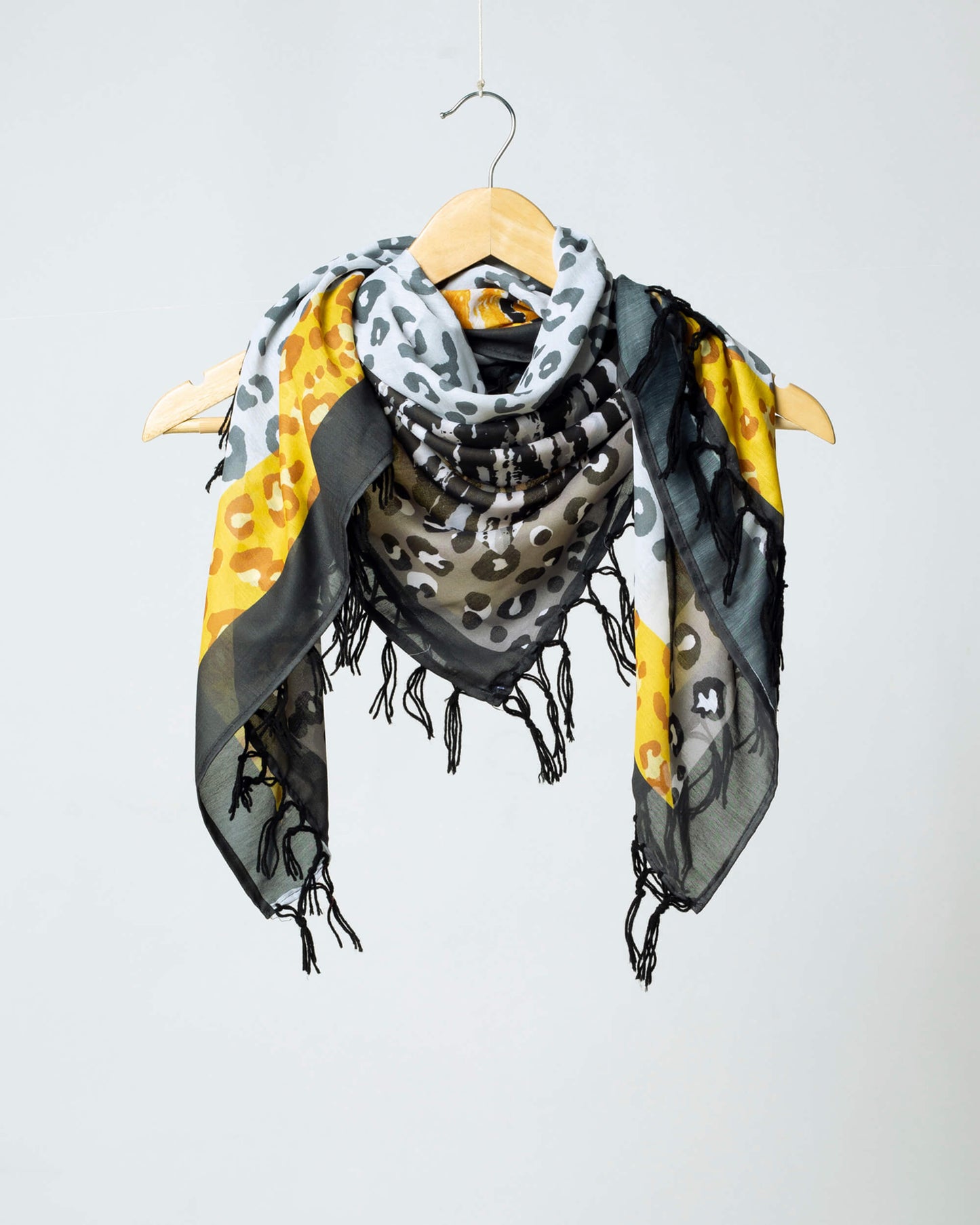 Dark Grey And Yellow Animal Pattern Digital Print Poly Voile Scarf