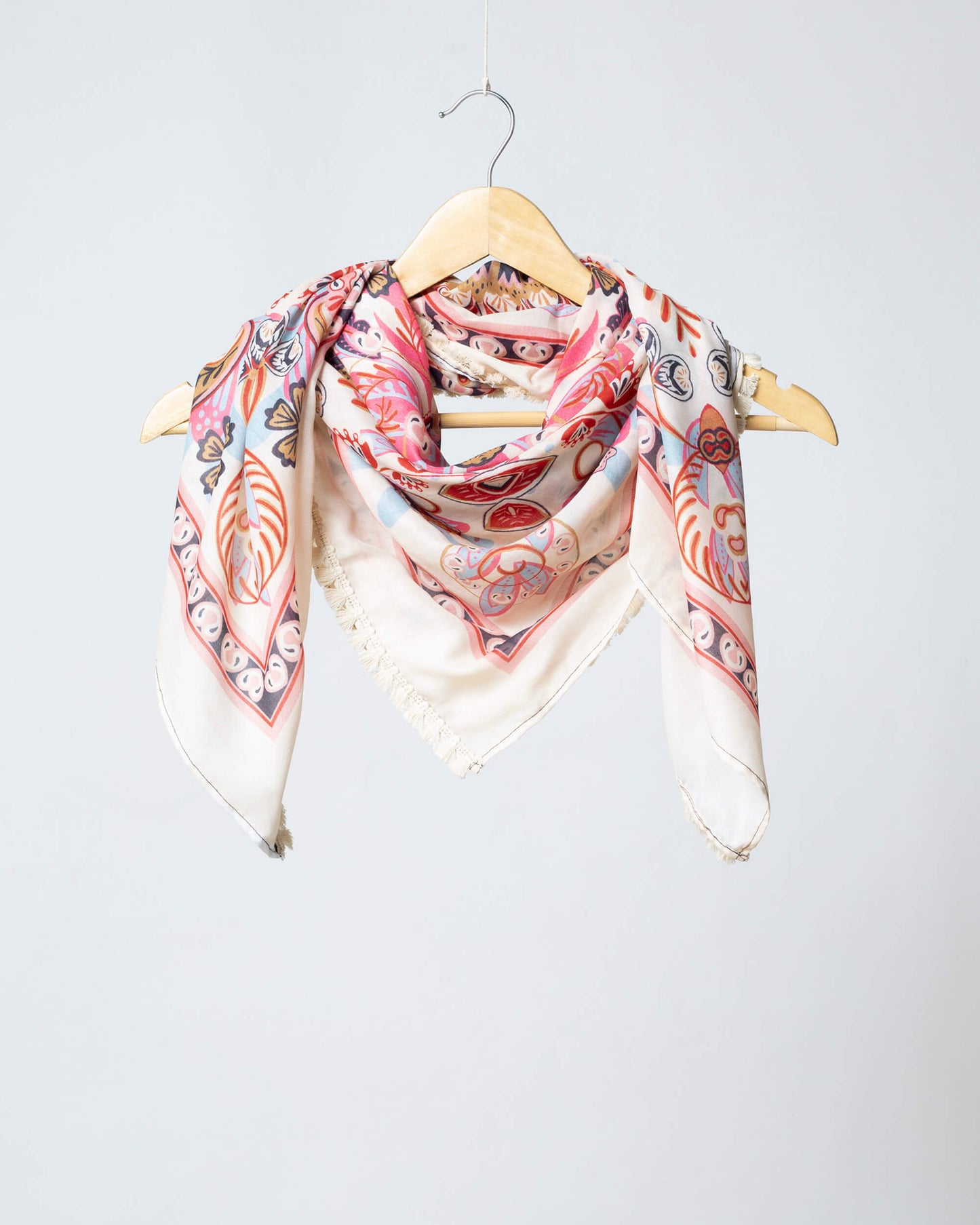 Cream And Pink Traditional Pattern Digital Print Poly Voile Scarf