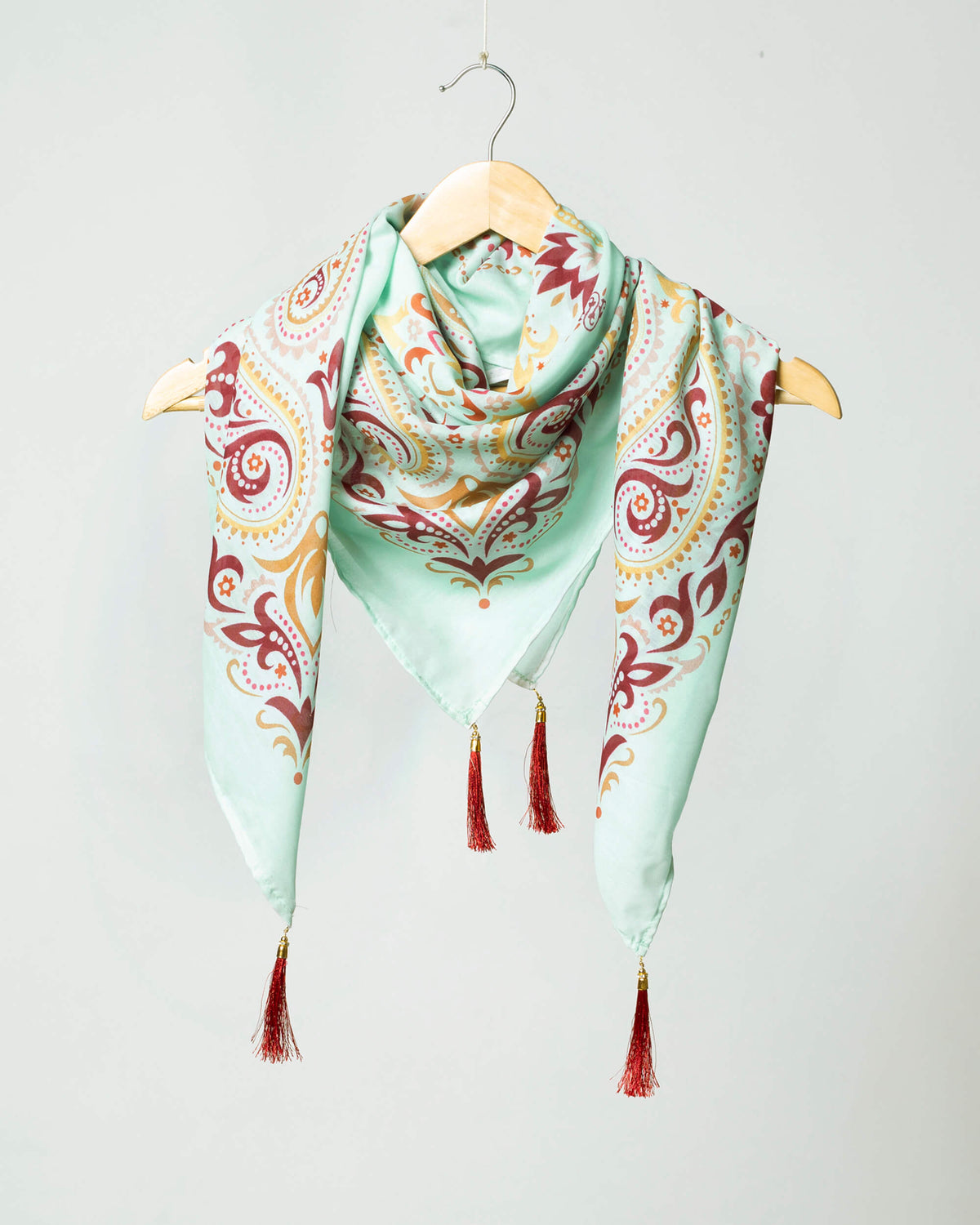 Pale Turquoise And Maroon Paisley Pattern Digital Print Poly Voile Scarf