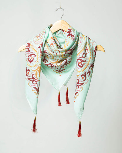 Pale Turquoise And Maroon Paisley Pattern Digital Print Poly Voile Scarf
