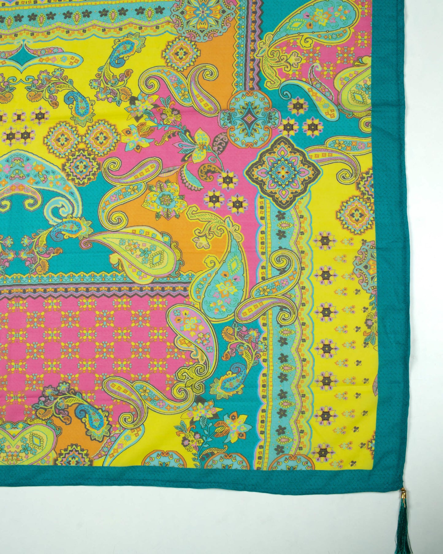 Turquoise And Yellow Paisley Pattern Digital Print Poly Voile Scarf