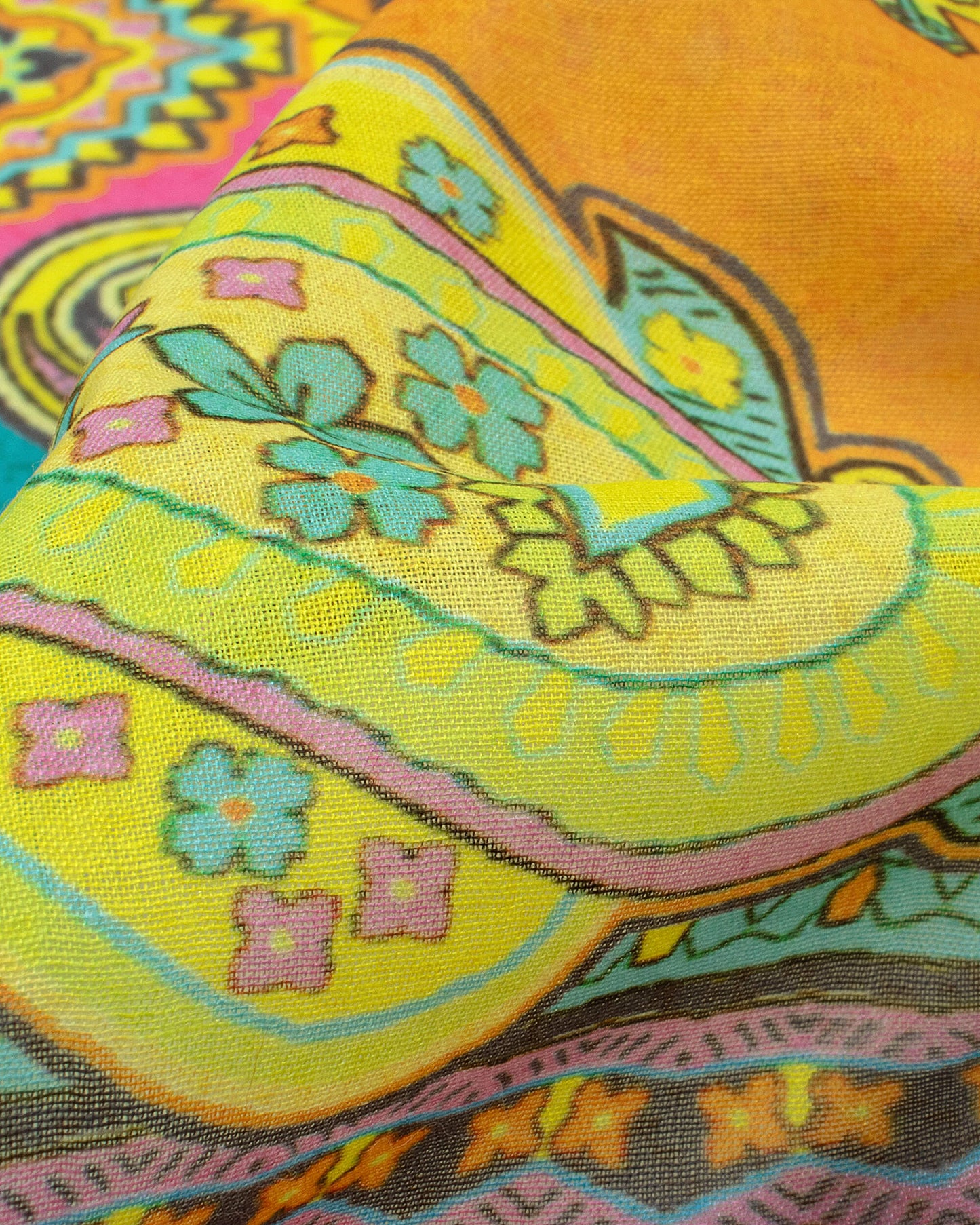 Turquoise And Yellow Paisley Pattern Digital Print Poly Voile Scarf