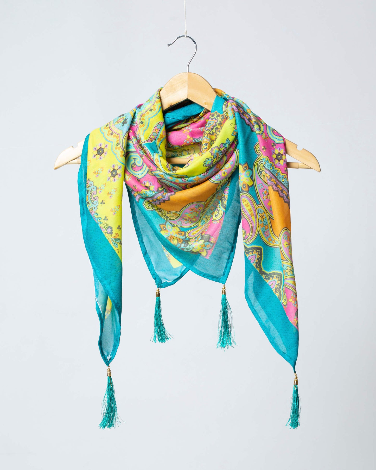 Turquoise And Yellow Paisley Pattern Digital Print Poly Voile Scarf