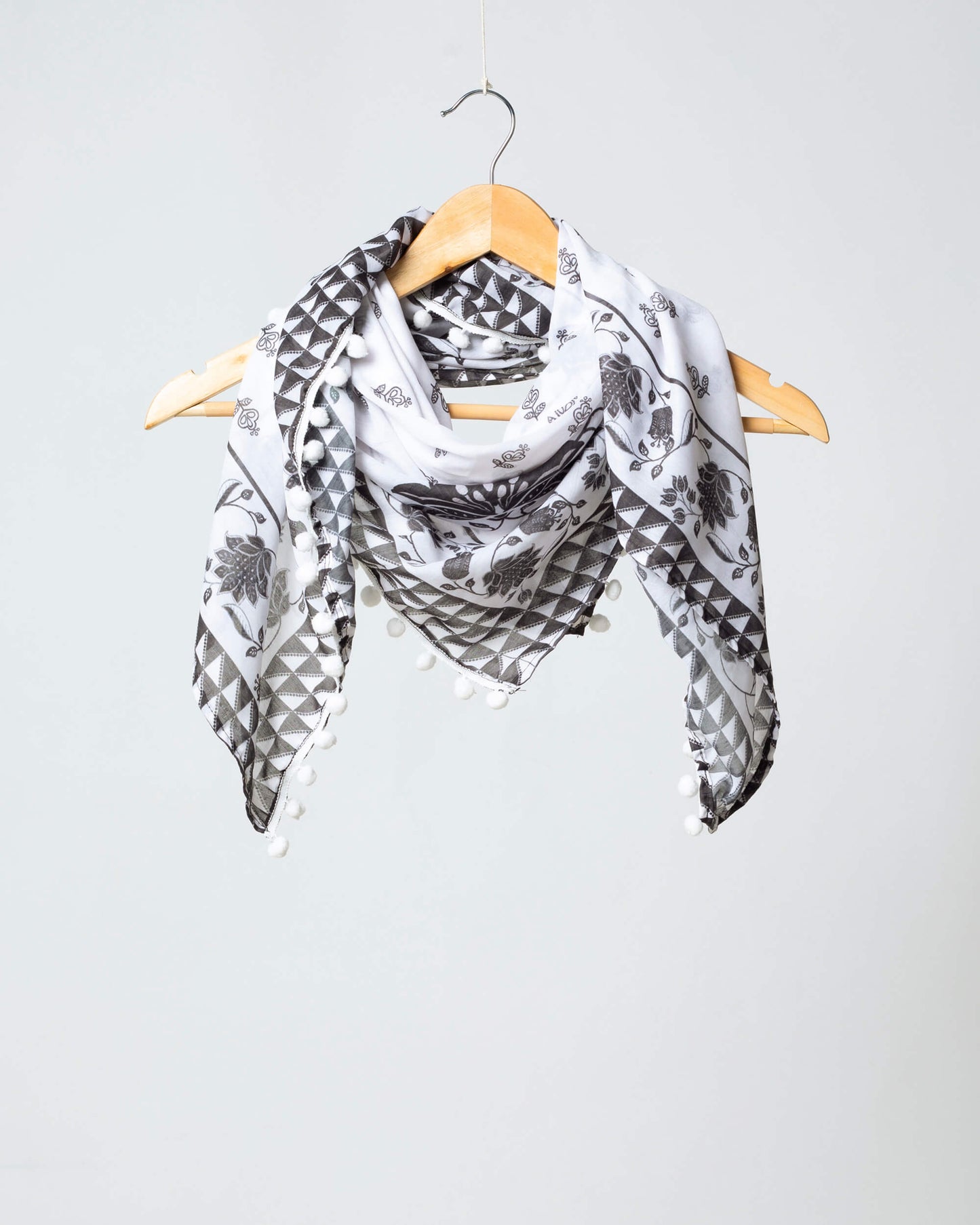 White And Black Floral Pattern Digital Print Poly Voile Scarf