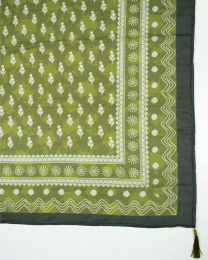 Olive Green And Cream Floral Pattern Digital Print Poly Voile Scarf
