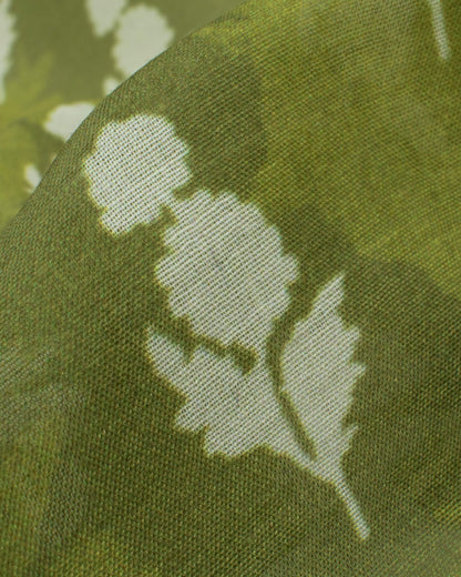 Olive Green And Cream Floral Pattern Digital Print Poly Voile Scarf