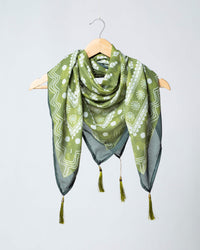 Olive Green And Cream Floral Pattern Digital Print Poly Voile Scarf