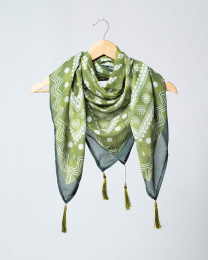 Olive Green And Cream Floral Pattern Digital Print Poly Voile Scarf