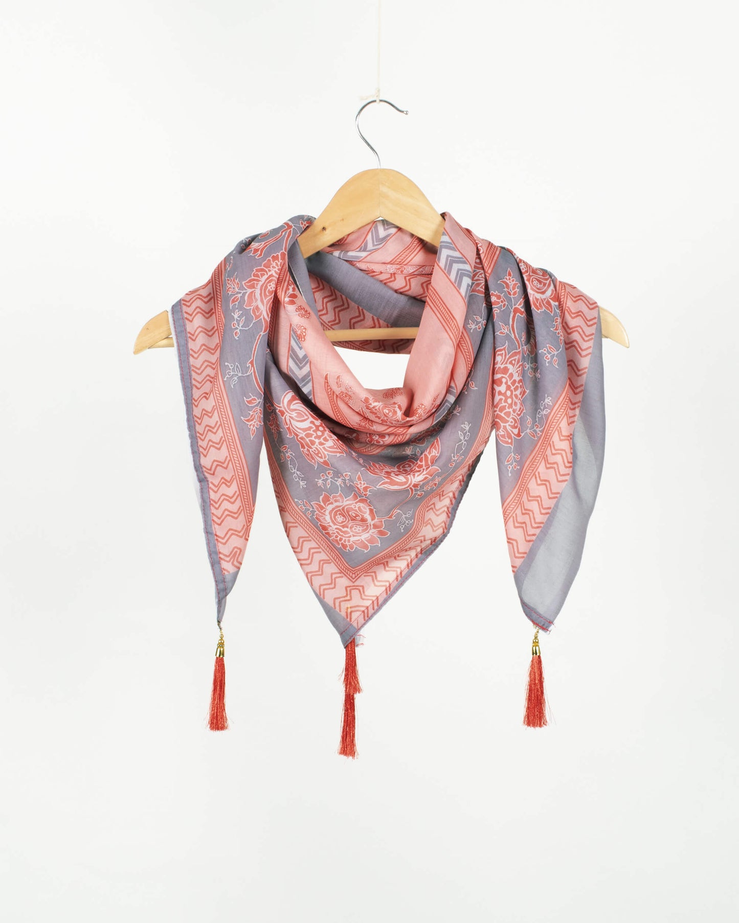 Salmon Pink And Dolphin Grey Floral Pattern Digital Print Poly Voile Scarf