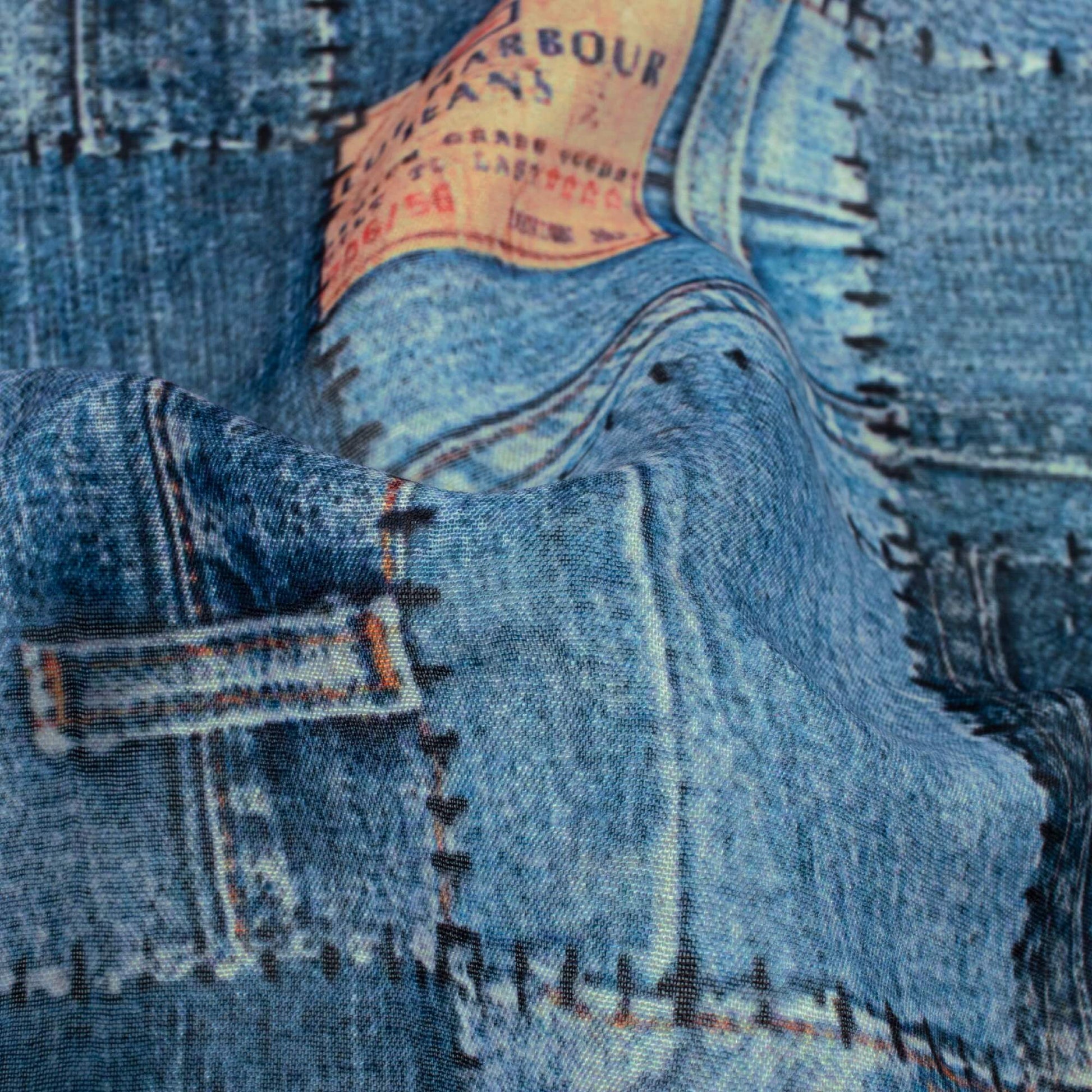 Yale Blue Denim Pattern Digital Print Poly Voile Fabric (Width 56 Inches) - Fabcurate