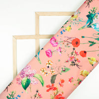Peach And Green Floral Pattern Digital Print Ultra Premium Butter Crepe Fabric - Fabcurate