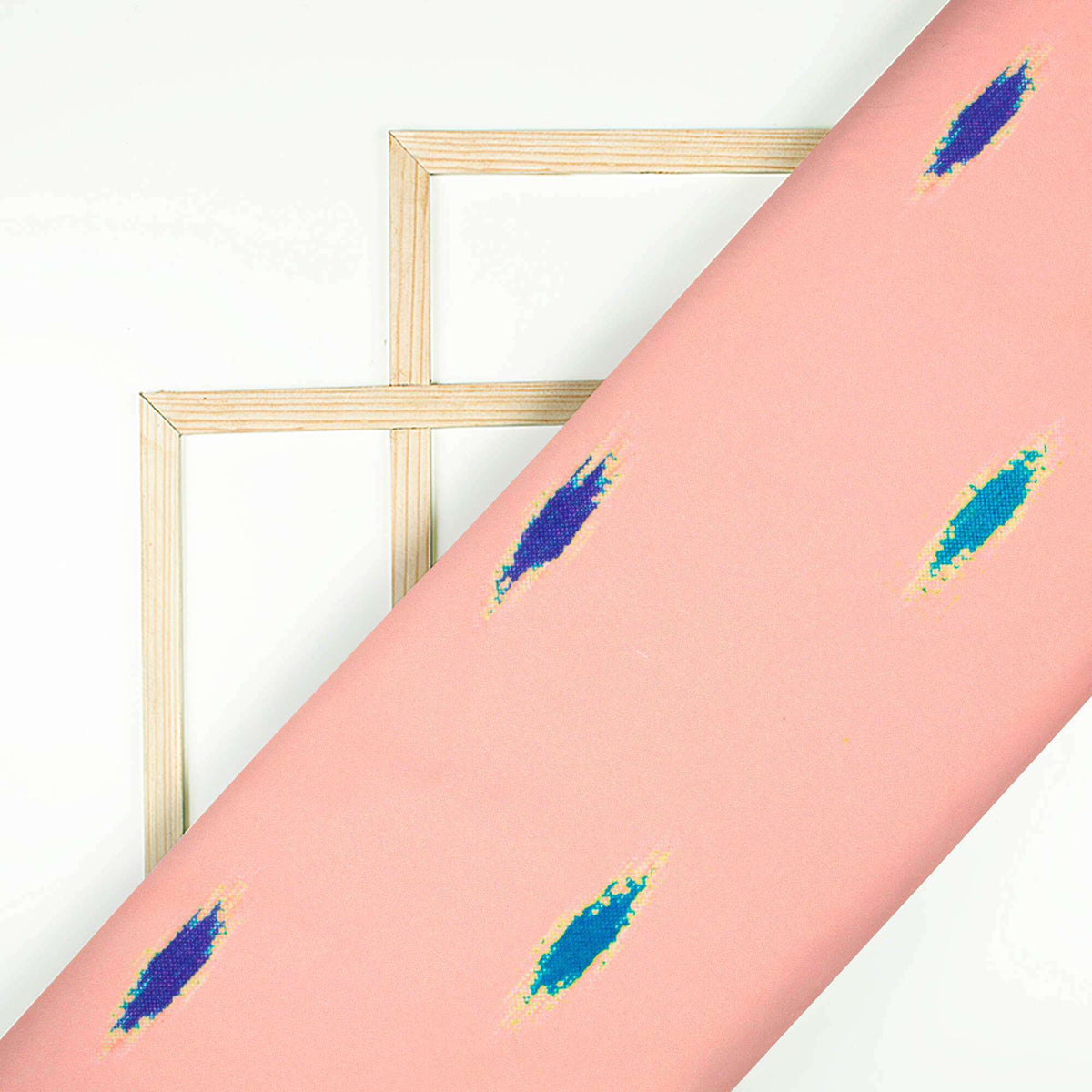 Peach And Navy Blue Ikat Pattern Digital Print Ultra Premium Butter Crepe Fabric - Fabcurate