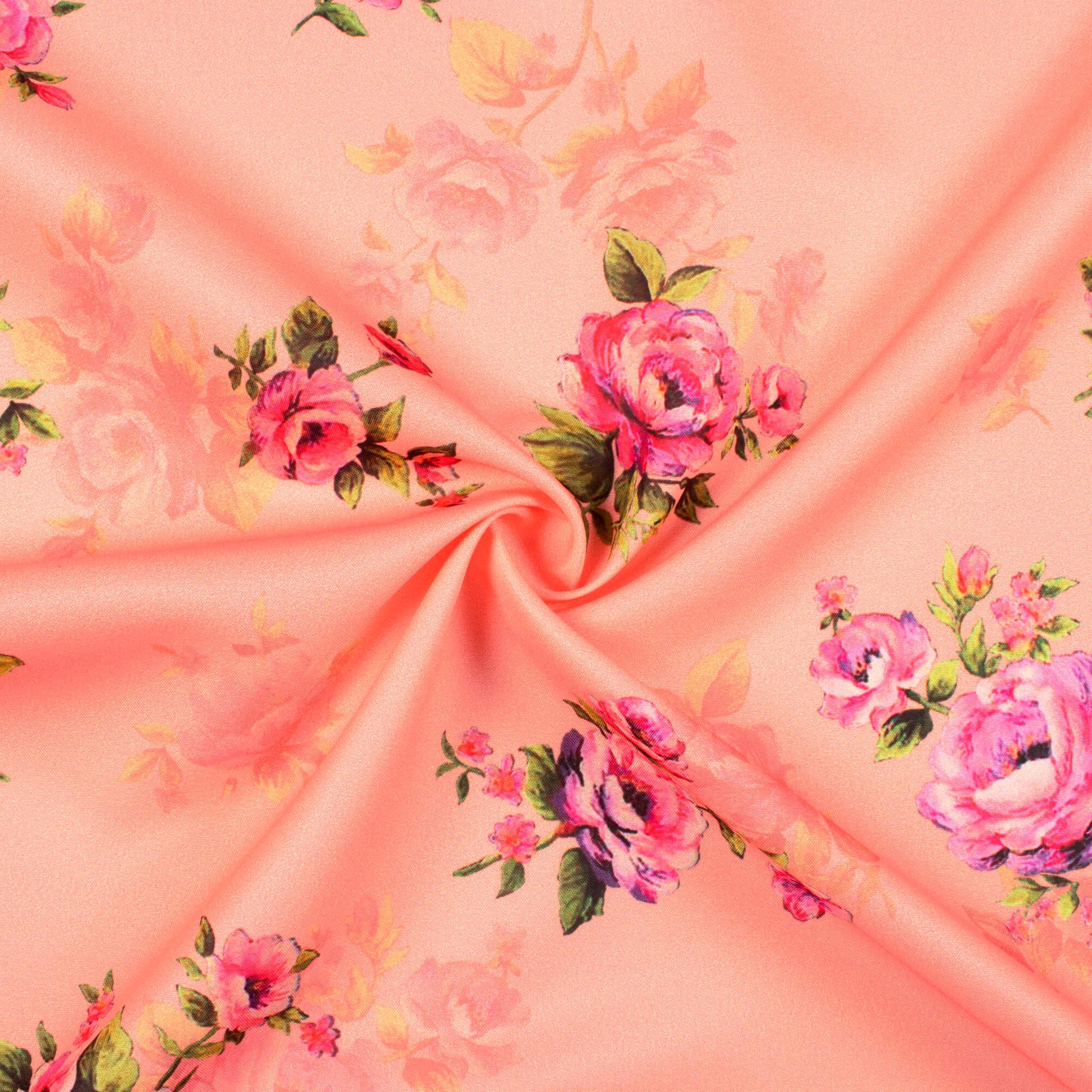 Peach And Pink Floral Pattern Digital Print Ultra Premium Butter Crepe Fabric - Fabcurate
