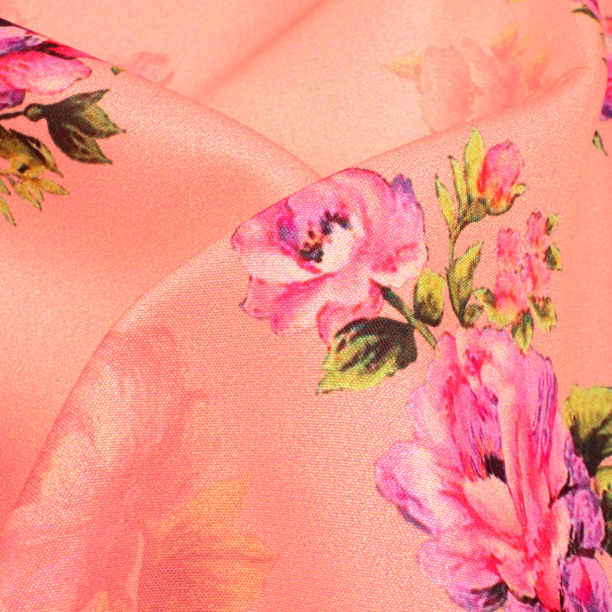 Peach And Pink Floral Pattern Digital Print Ultra Premium Butter Crepe Fabric - Fabcurate