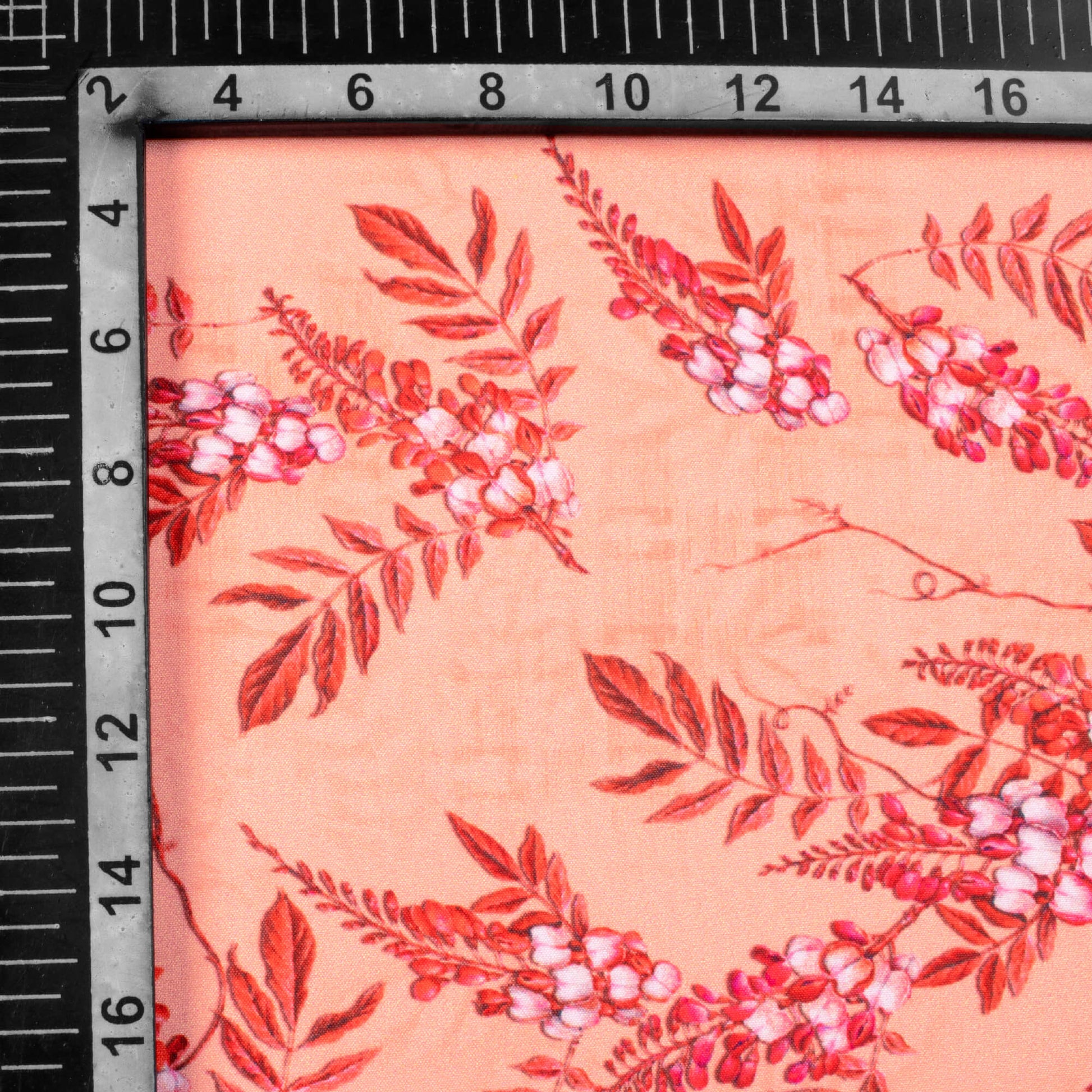 Peach And Red Leaf Pattern Digital Print Ultra Premium Butter Crepe Fabric - Fabcurate