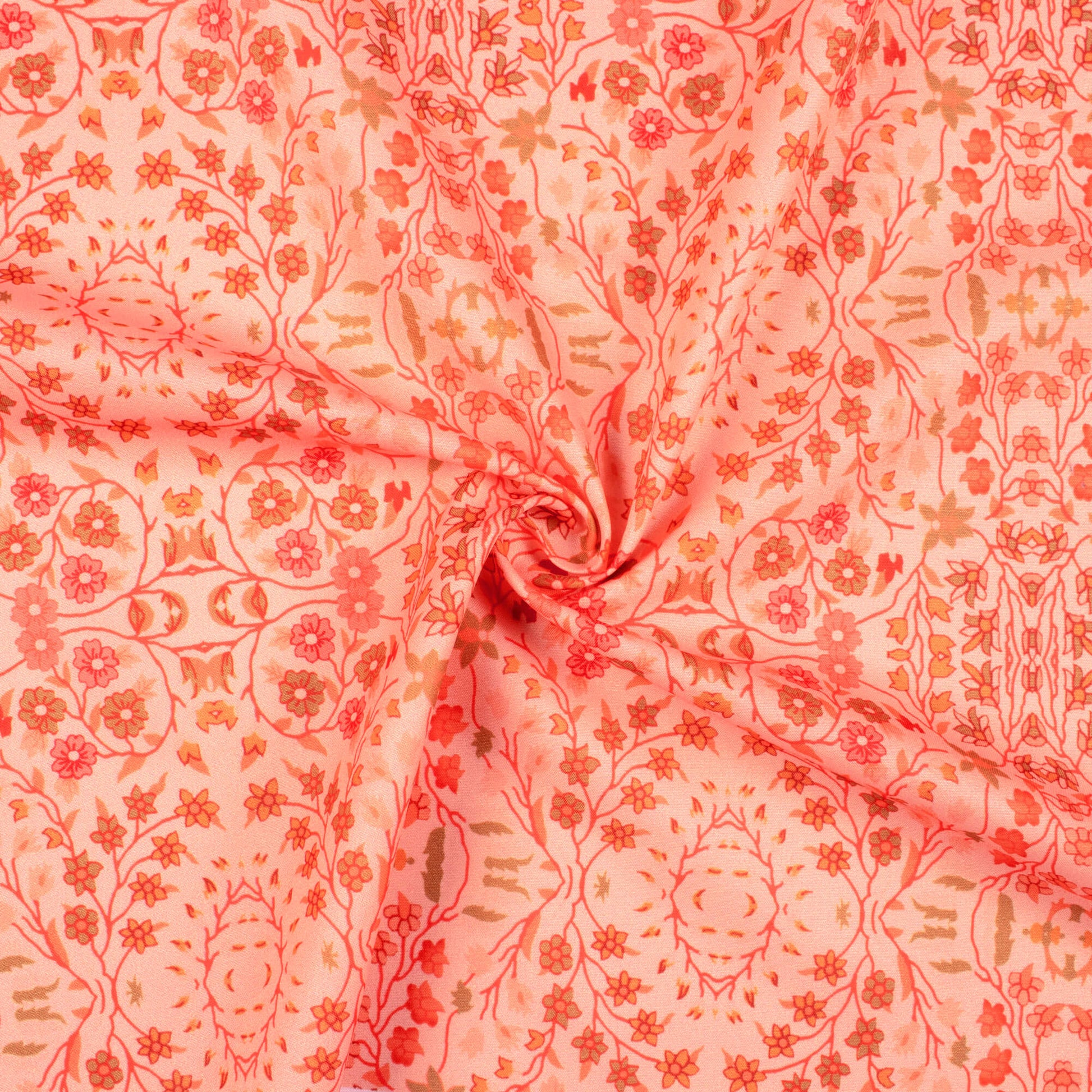 Peach And Red Floral Pattern Digital Print Ultra Premium Butter Crepe Fabric - Fabcurate