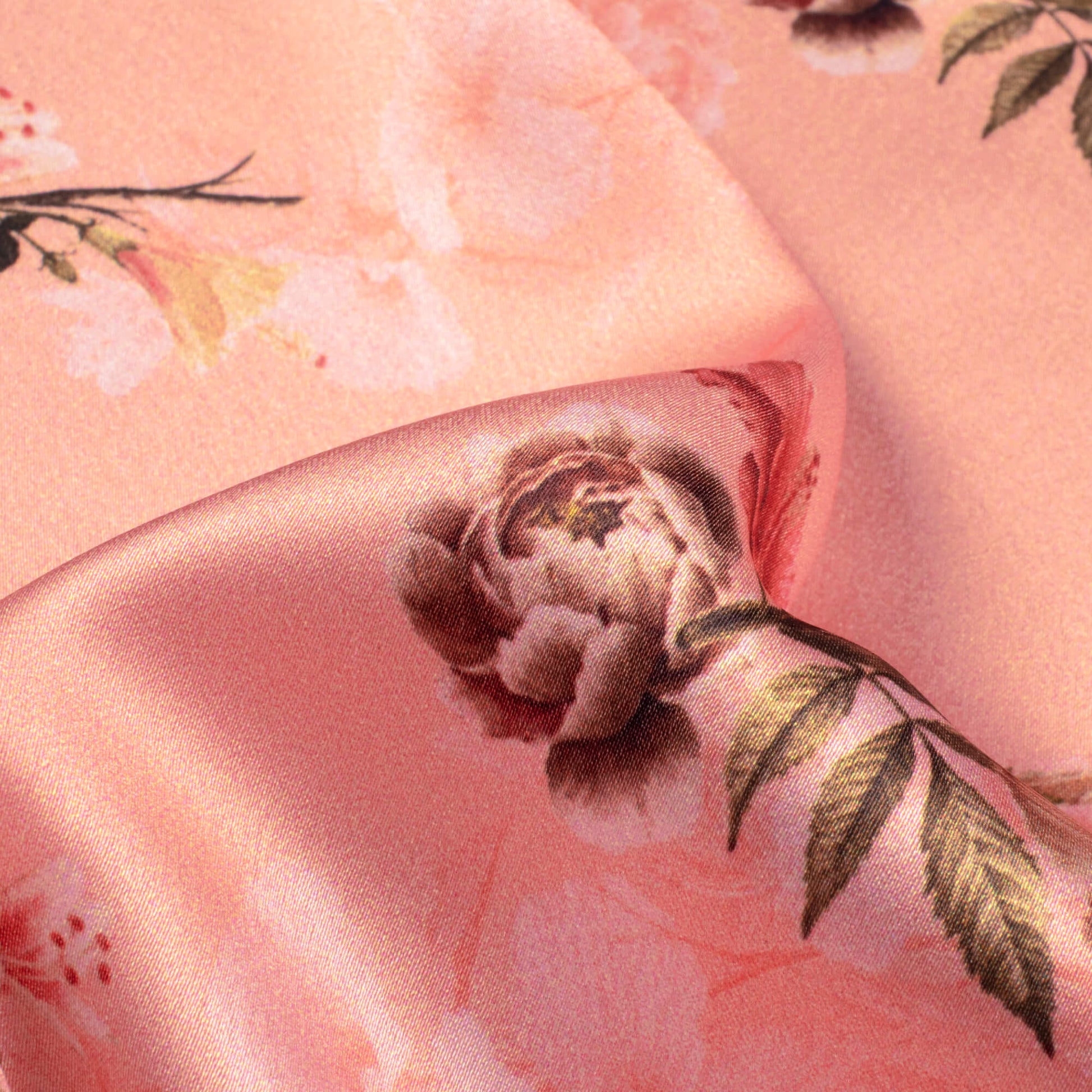 Peach And Brown Floral Pattern Digital Print Japan Satin Fabric - Fabcurate