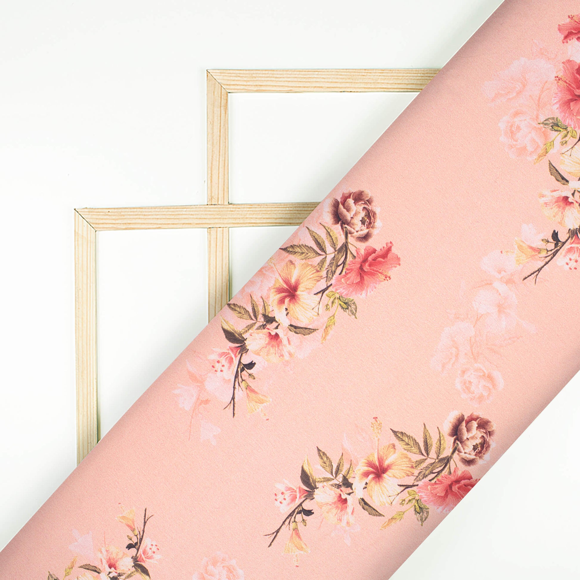 Peach And Brown Floral Pattern Digital Print Japan Satin Fabric - Fabcurate
