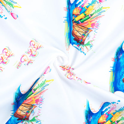 White And Royal Blue Holi Pattern Digital Print Ultra Premium Butter Crepe Fabric - Fabcurate