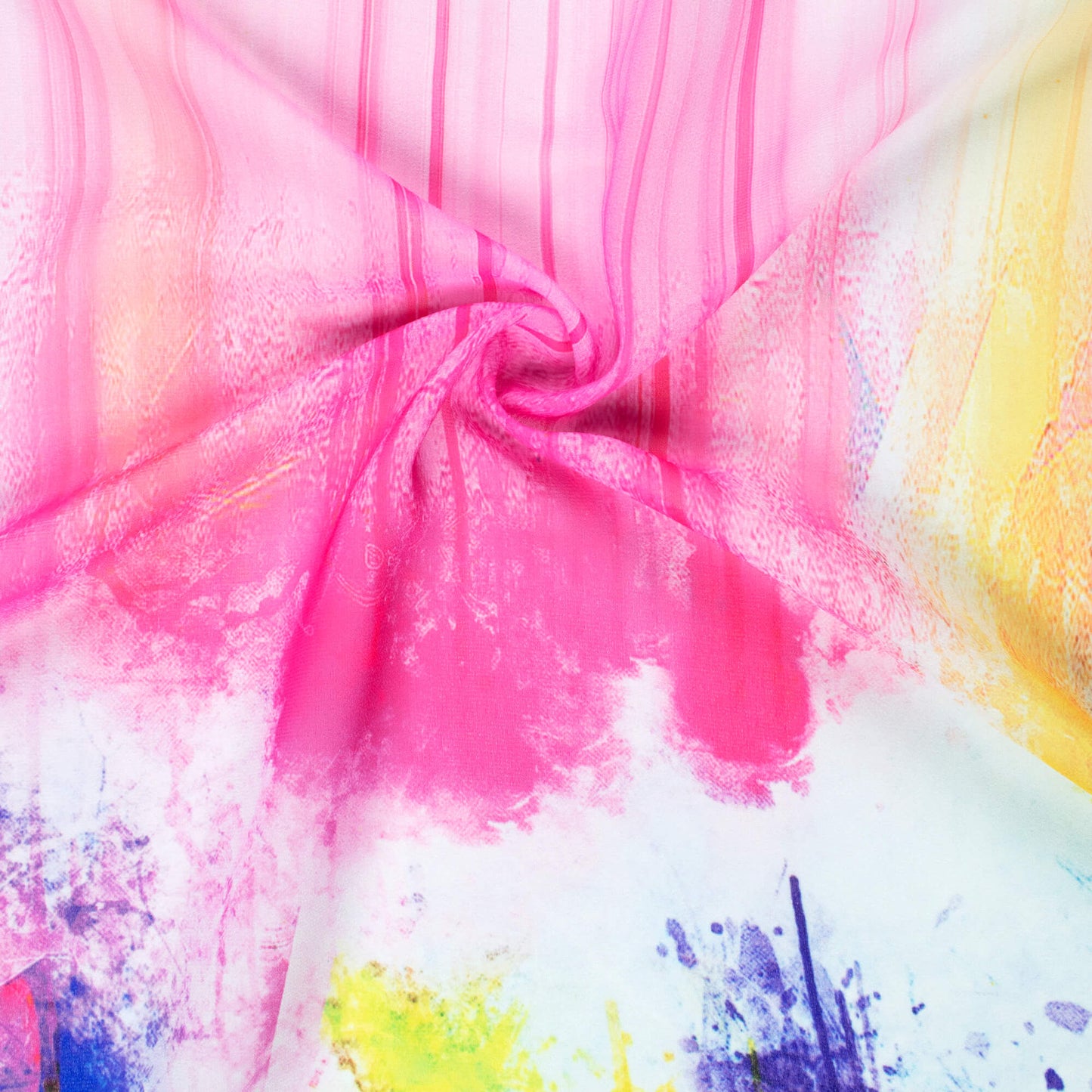 White And Pink Holi Pattern Digital Print Georgette Fabric - Fabcurate