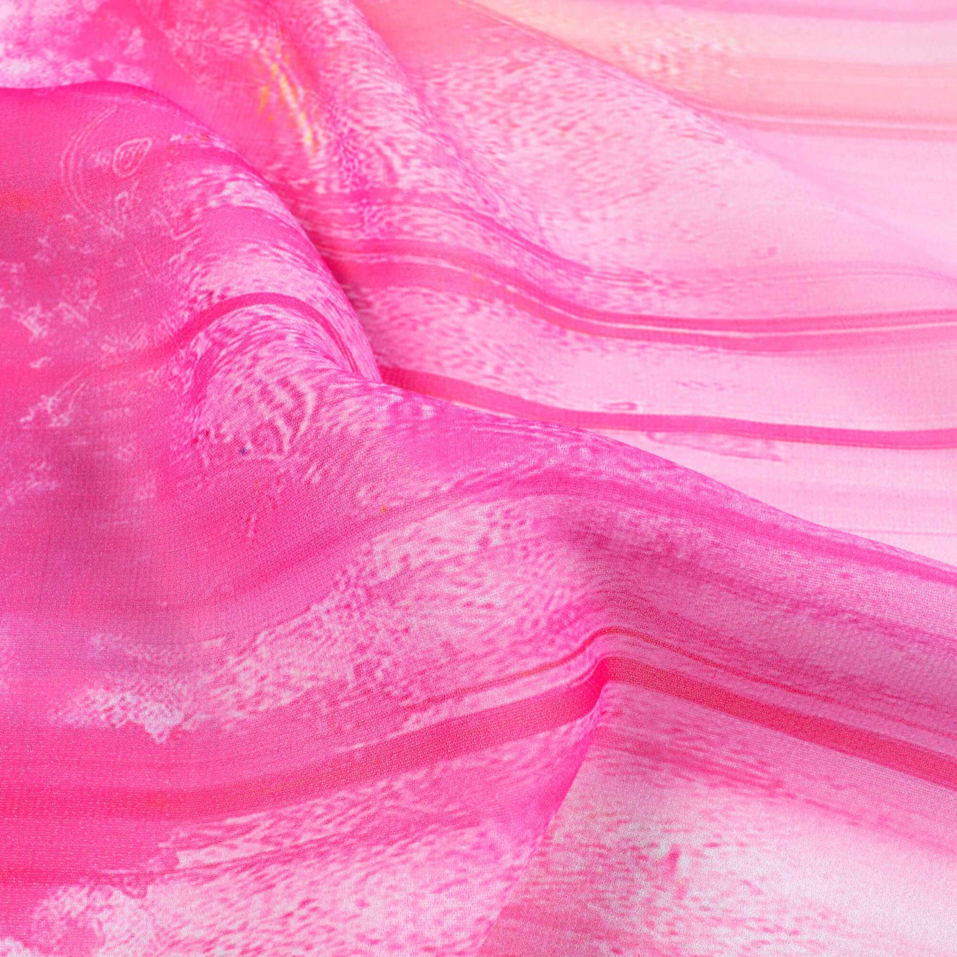 White And Pink Holi Pattern Digital Print Georgette Fabric - Fabcurate