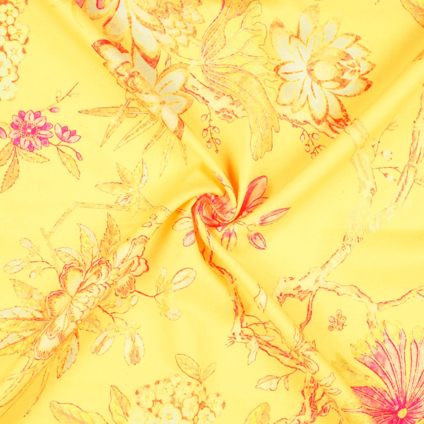 Mellow Yellow And Rose Pink Floral Pattern Digital Print Ultra Premium Butter Crepe Fabric
