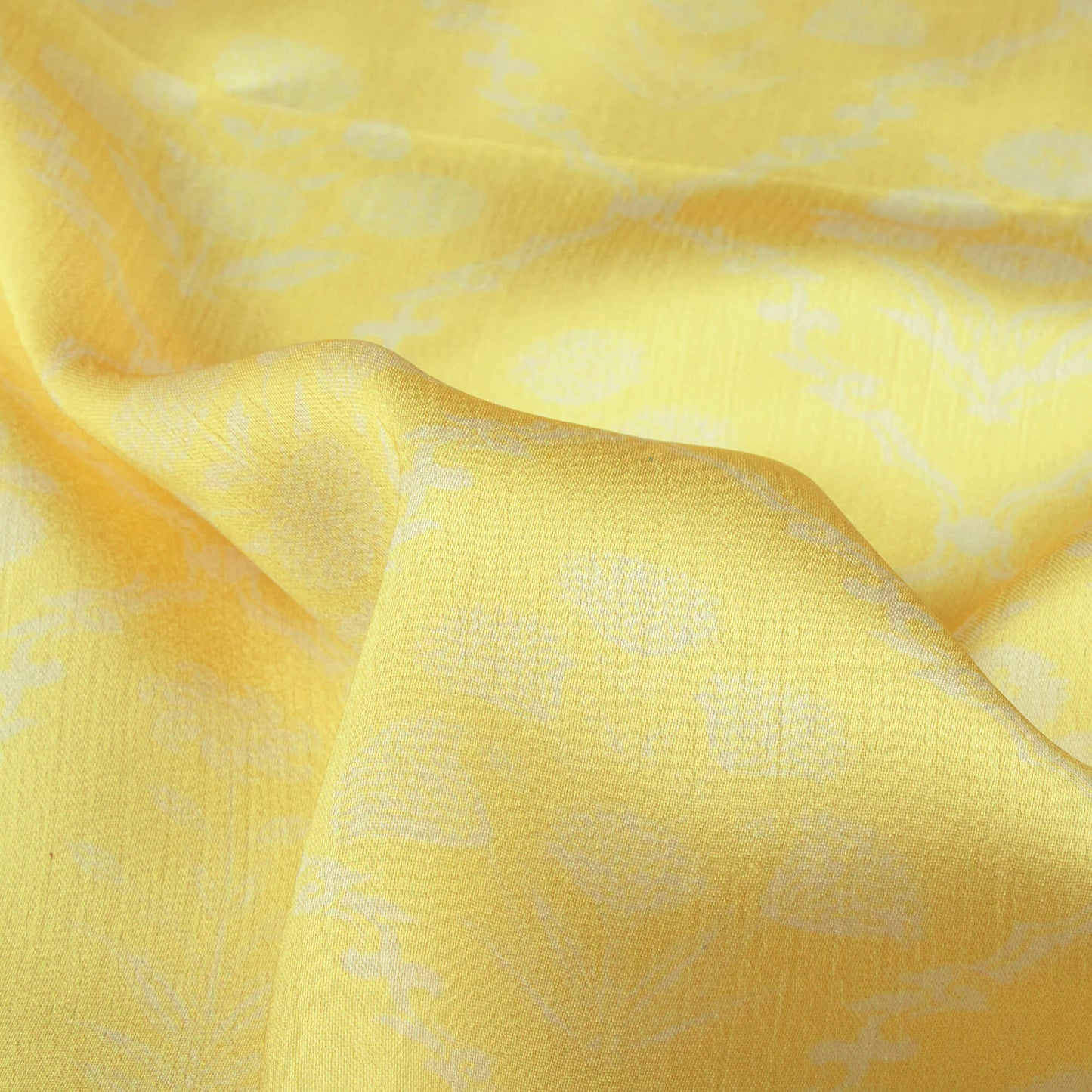 Mellow Yellow And White Floral Pattern Digital Print Chiffon Satin Fabric