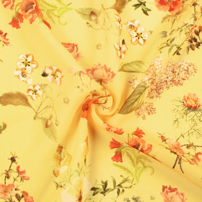 Mellow Yellow And Coral Peach Floral Pattern Digital Print Georgette Fabric