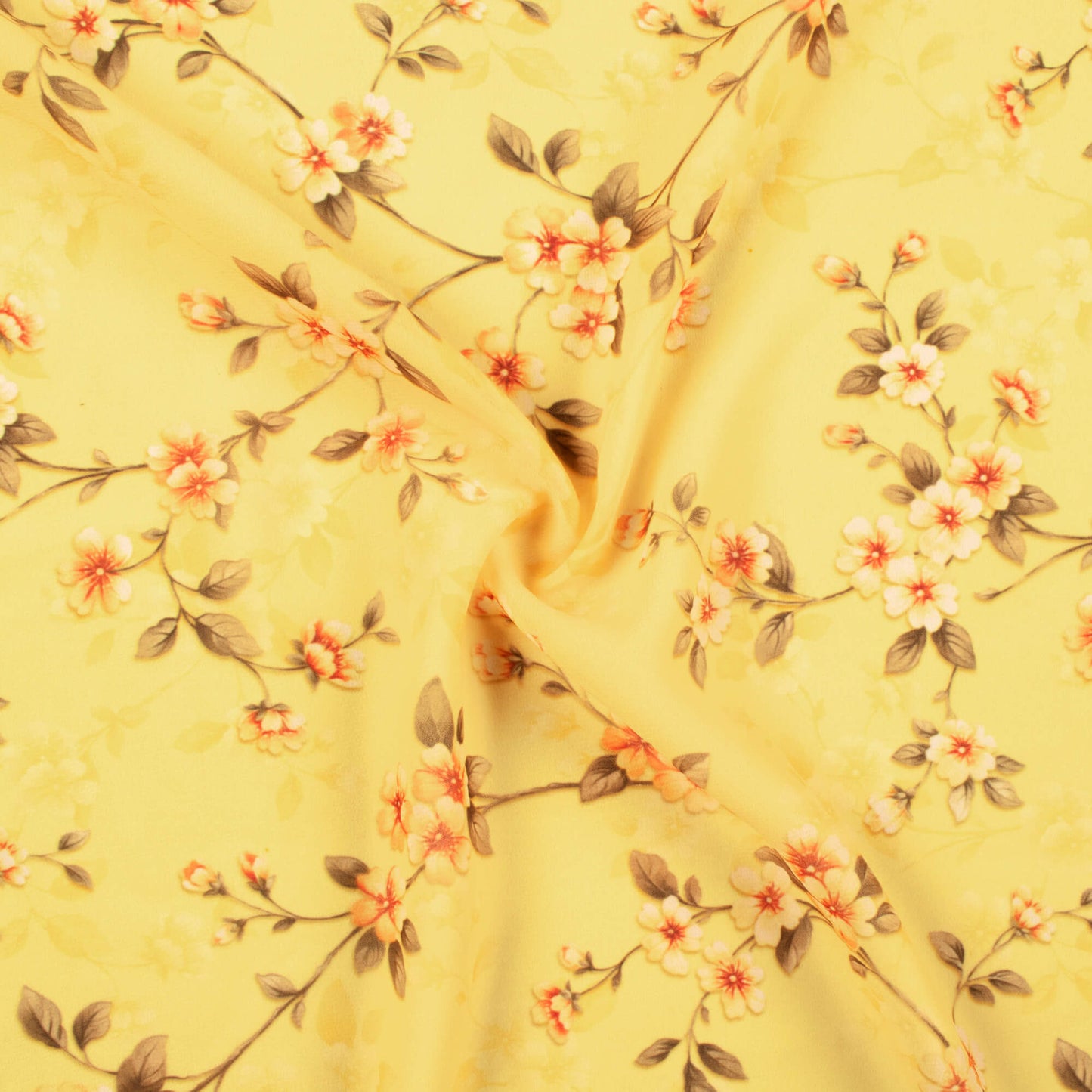 Mellow Yellow And Salmon Peach Floral Pattern Digital Print Georgette Fabric