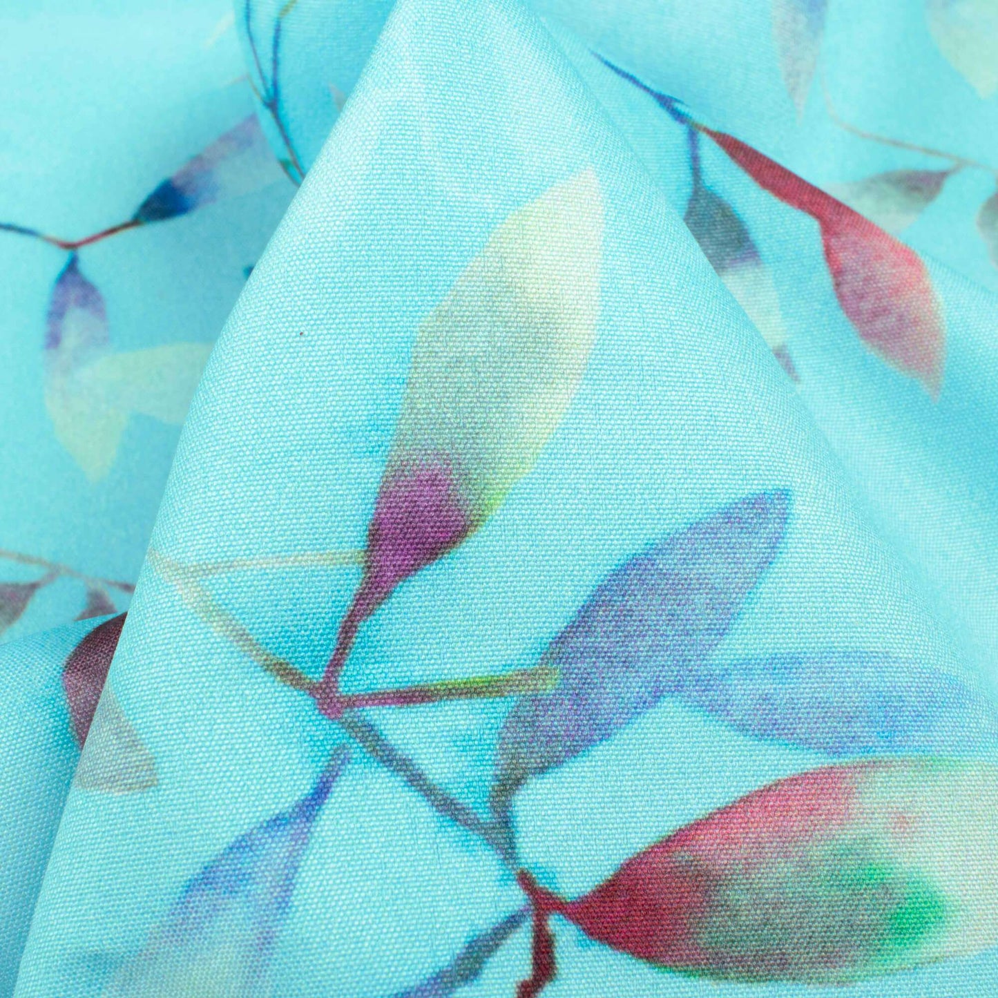 Sky Blue And Red Leaf Pattern Digital Print Ultra Premium Butter Crepe Fabric