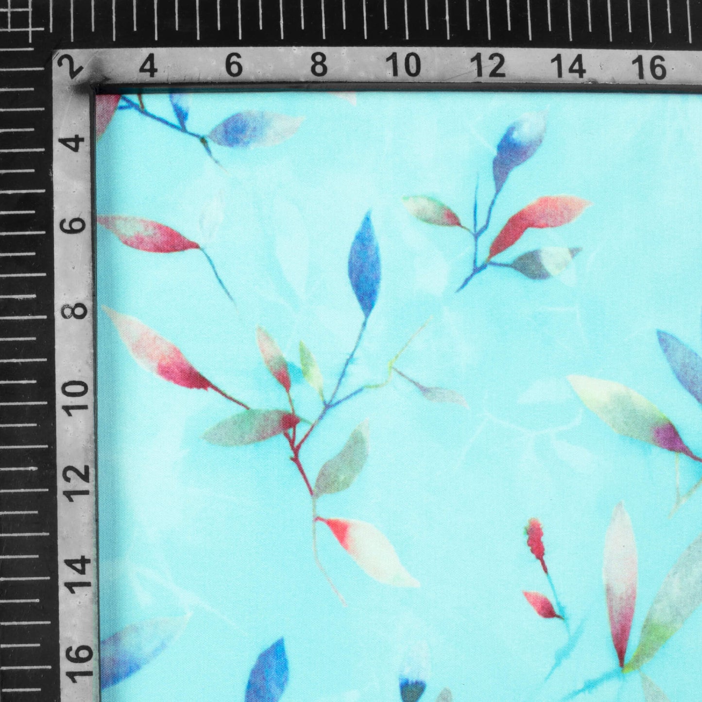 Sky Blue And Red Leaf Pattern Digital Print Ultra Premium Butter Crepe Fabric