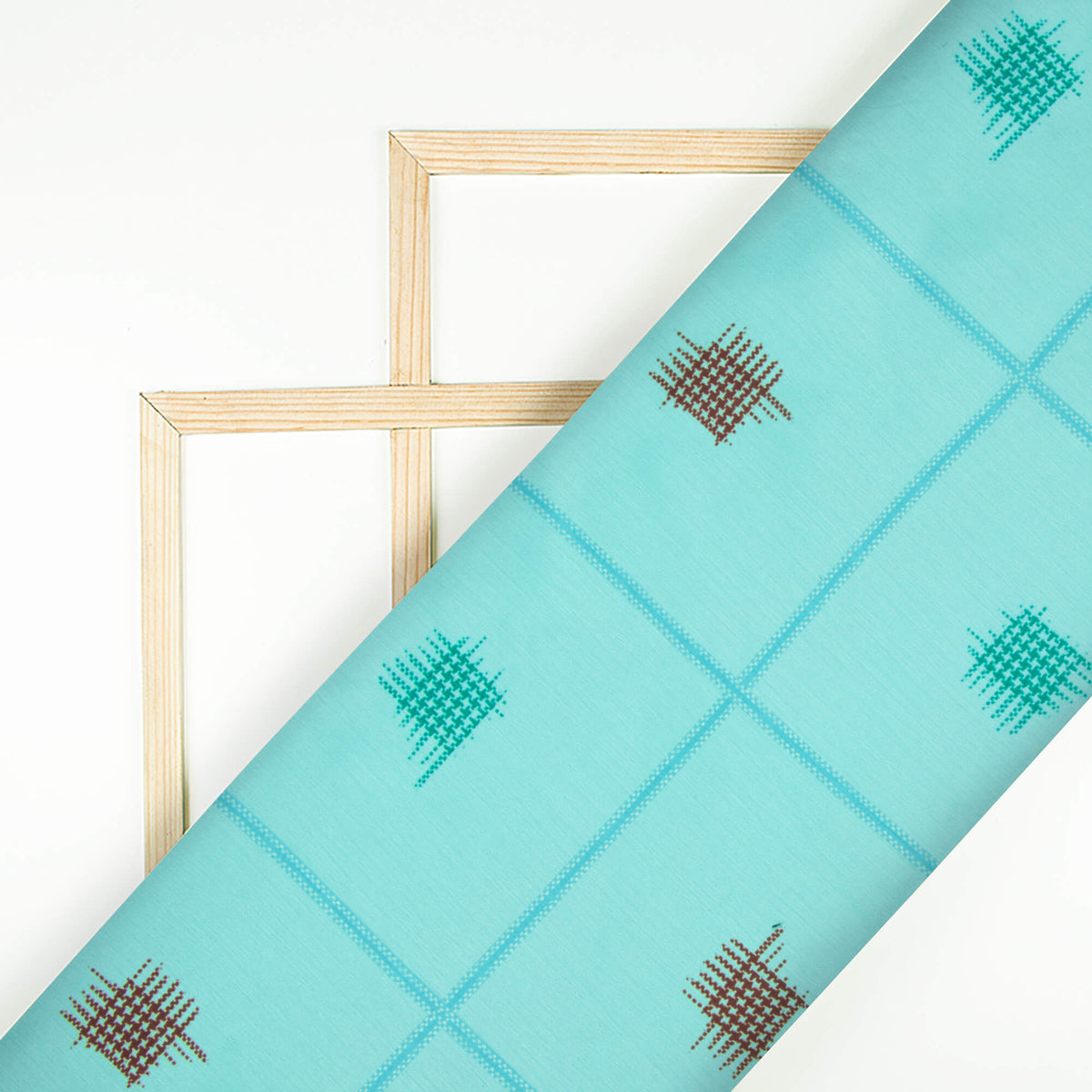 Sky Blue And Coffee Brown Checks Pattern Digital Print Chiffon Satin Fabric