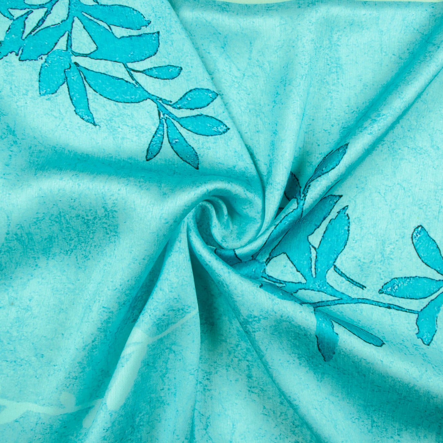 Sky Blue Leaf Pattern Digital Print Chiffon Satin Fabric