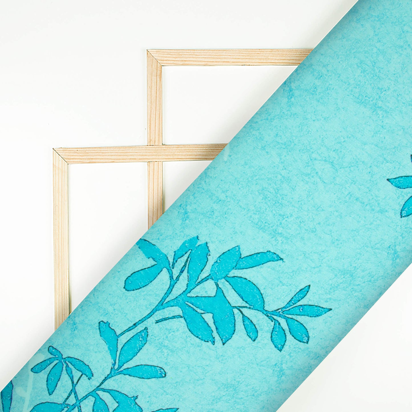 Sky Blue Leaf Pattern Digital Print Chiffon Satin Fabric