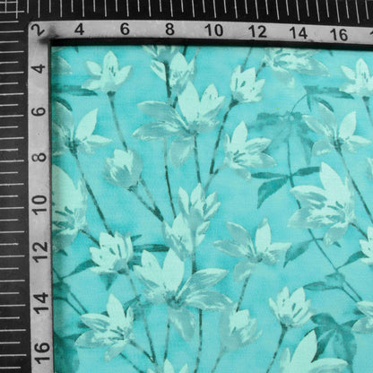 Sky Blue Floral Pattern Digital Print Chiffon Satin Fabric