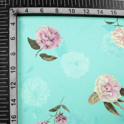 Sky Blue And Taffy Pink Floral Pattern Digital Print Chiffon Satin Fabric