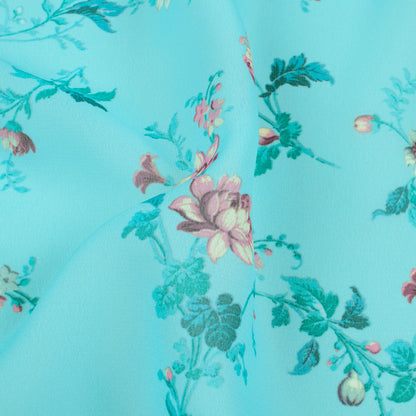 Sky Blue And Pink Floral Pattern Digital Print Georgette Fabric