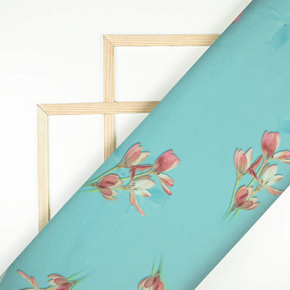 Sky Blue And Fandango Pink Floral Pattern Digital Print Georgette Fabric