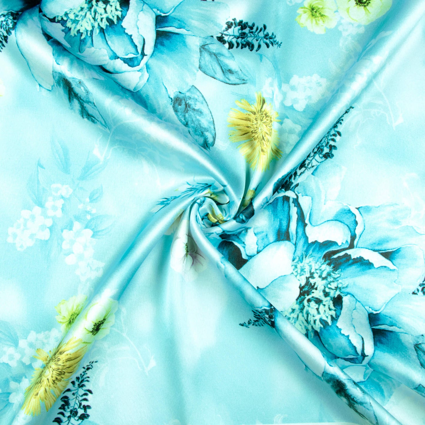 Sky Blue And White Floral Pattern Digital Print Japan Satin Fabric