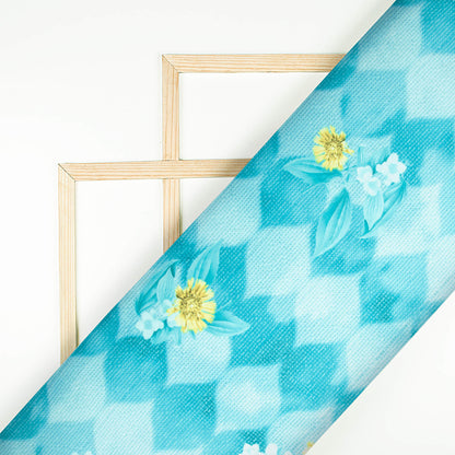 Sky Blue And Flex Yellow Floral Pattern Digital Print Japan Satin Fabric