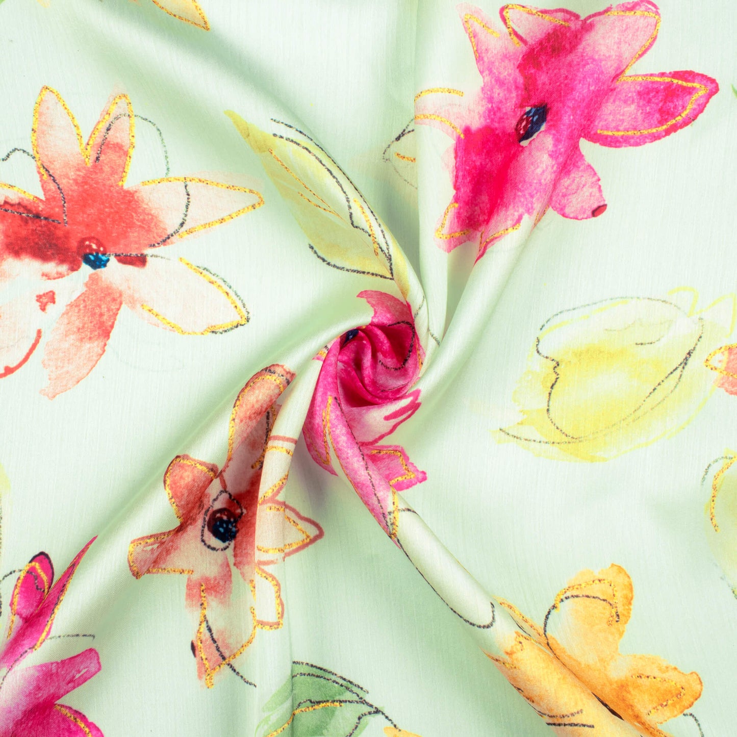 Tea Green And Fuchsia Pink Floral Pattern Hand Paint Effect Digital Print Chiffon Satin Fabric