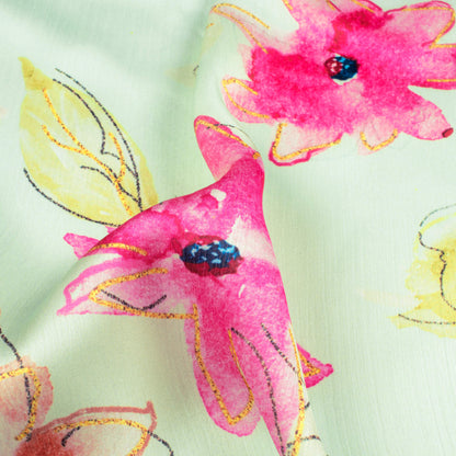 Tea Green And Fuchsia Pink Floral Pattern Hand Paint Effect Digital Print Chiffon Satin Fabric