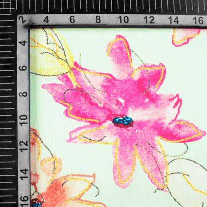 Tea Green And Fuchsia Pink Floral Pattern Hand Paint Effect Digital Print Chiffon Satin Fabric