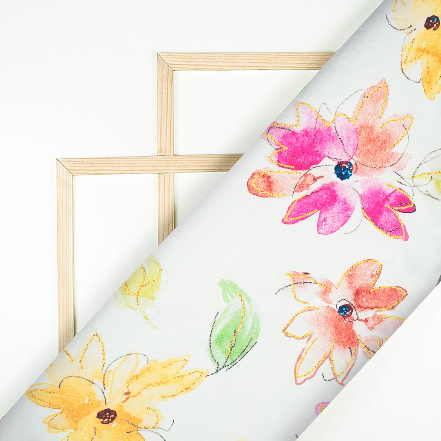 White And Honey Yellow Floral Pattern Hand Paint Effect Digital Print Chiffon Satin Fabric