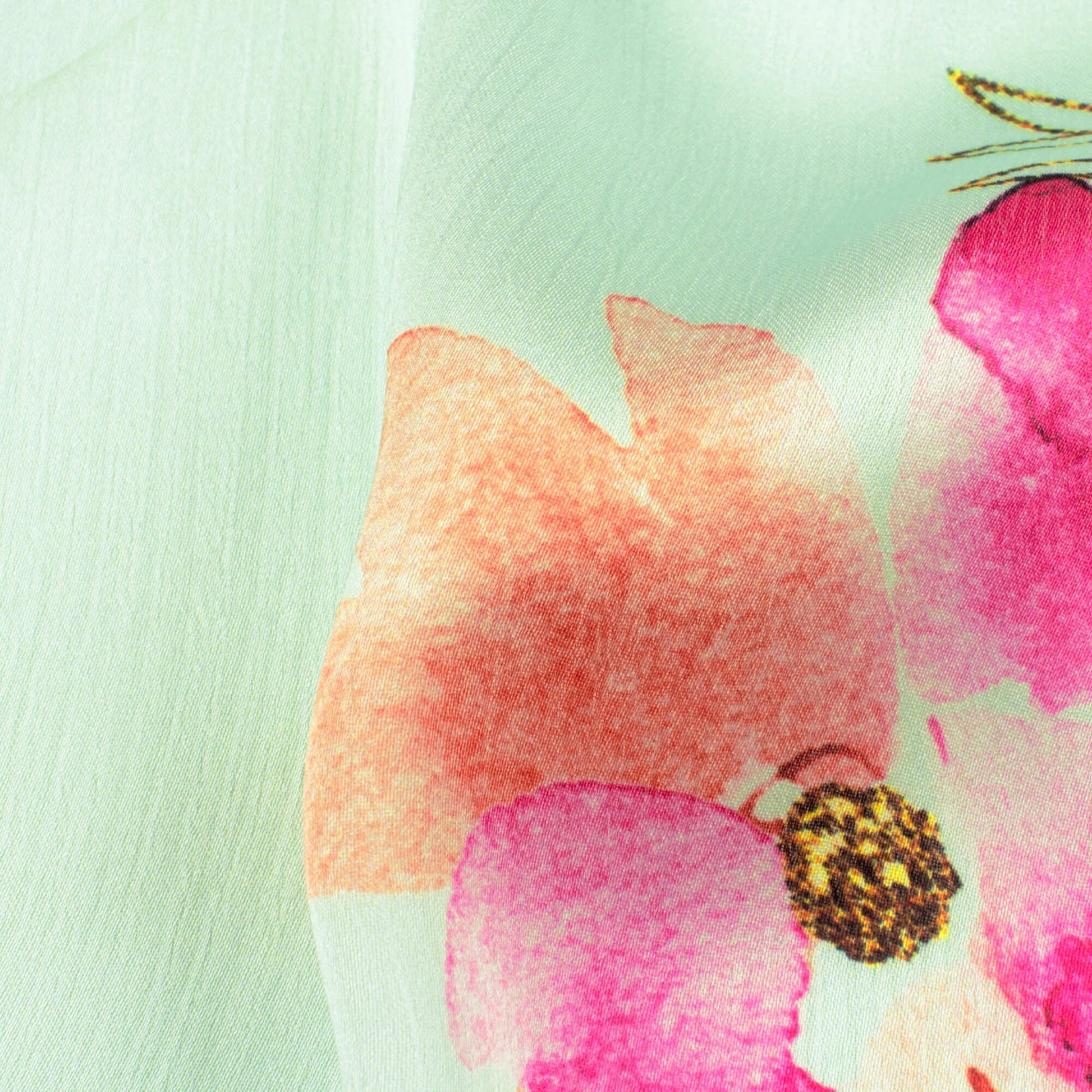 Light Pistachio Green And Fuchsia Pink Floral Pattern Hand Paint Effect Digital Print Chiffon Satin Fabric