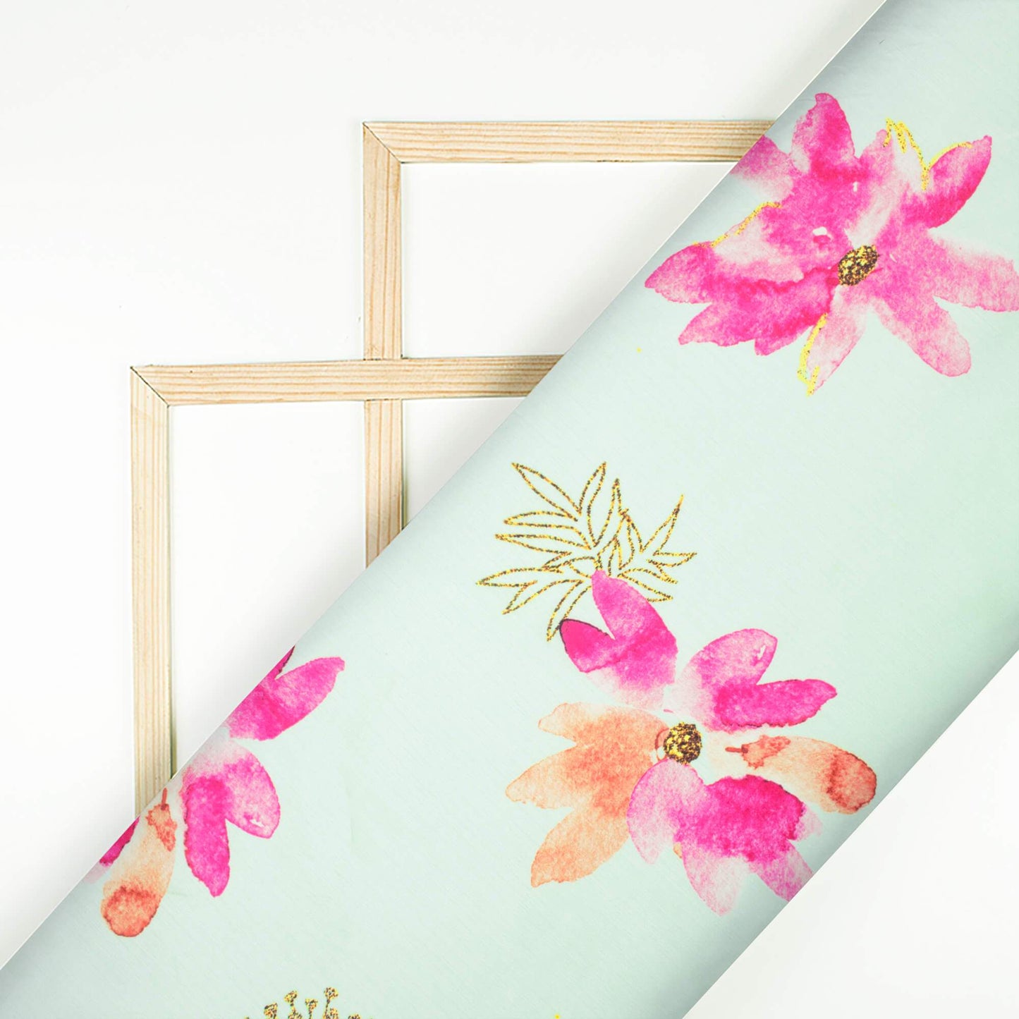 (Cut Piece 1.5 Mtr) Light Pistachio Green And Fuchsia Pink Floral Pattern Hand Paint Effect Digital Print Chiffon Satin Fabric