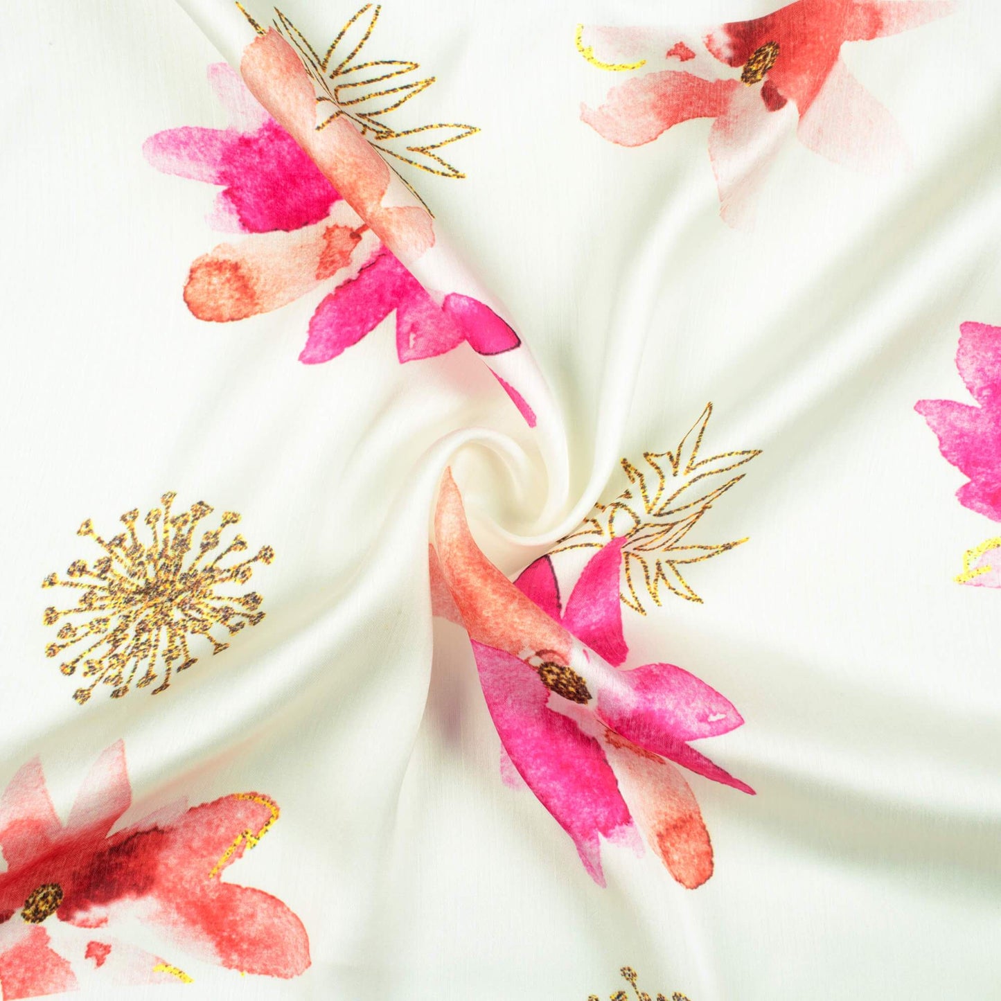 (Cut Piece 0.7 Mtr) White And Fuchsia Pink Floral Pattern Hand Paint Effect Digital Print Chiffon Satin Fabric