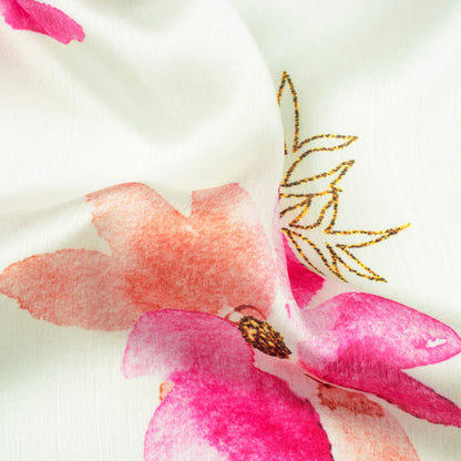 White And Fuchsia Pink Floral Pattern Hand Paint Effect Digital Print Chiffon Satin Fabric